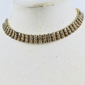 Vintage Gold Tone And Champagne Rhinestone Choker 3 Rows Runway Glam Elegant 90s